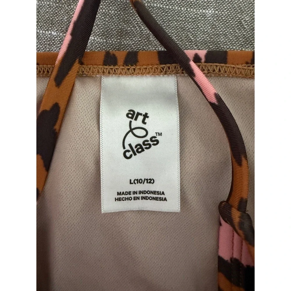 Art Class Girls Leopard‎ Print One Piece Swimsuit Cutout Tie Brown Pink L 10/12